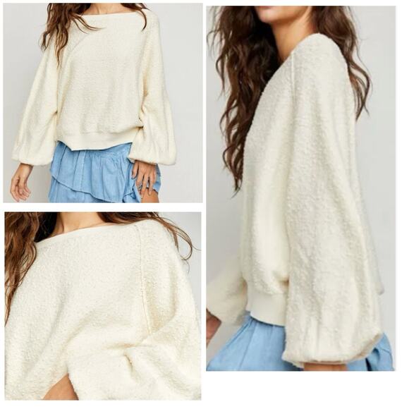 Free People Ivory Boucle Knit Sweater XS Balloon Sleeve Round Neck Pullover - Picture 4 of 9